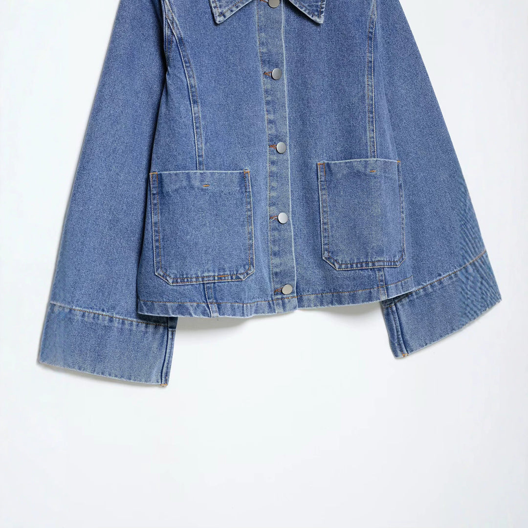 Women Oversized Denim Jacket with Shirt Collar and Large Patch Pockets Mune Fashion