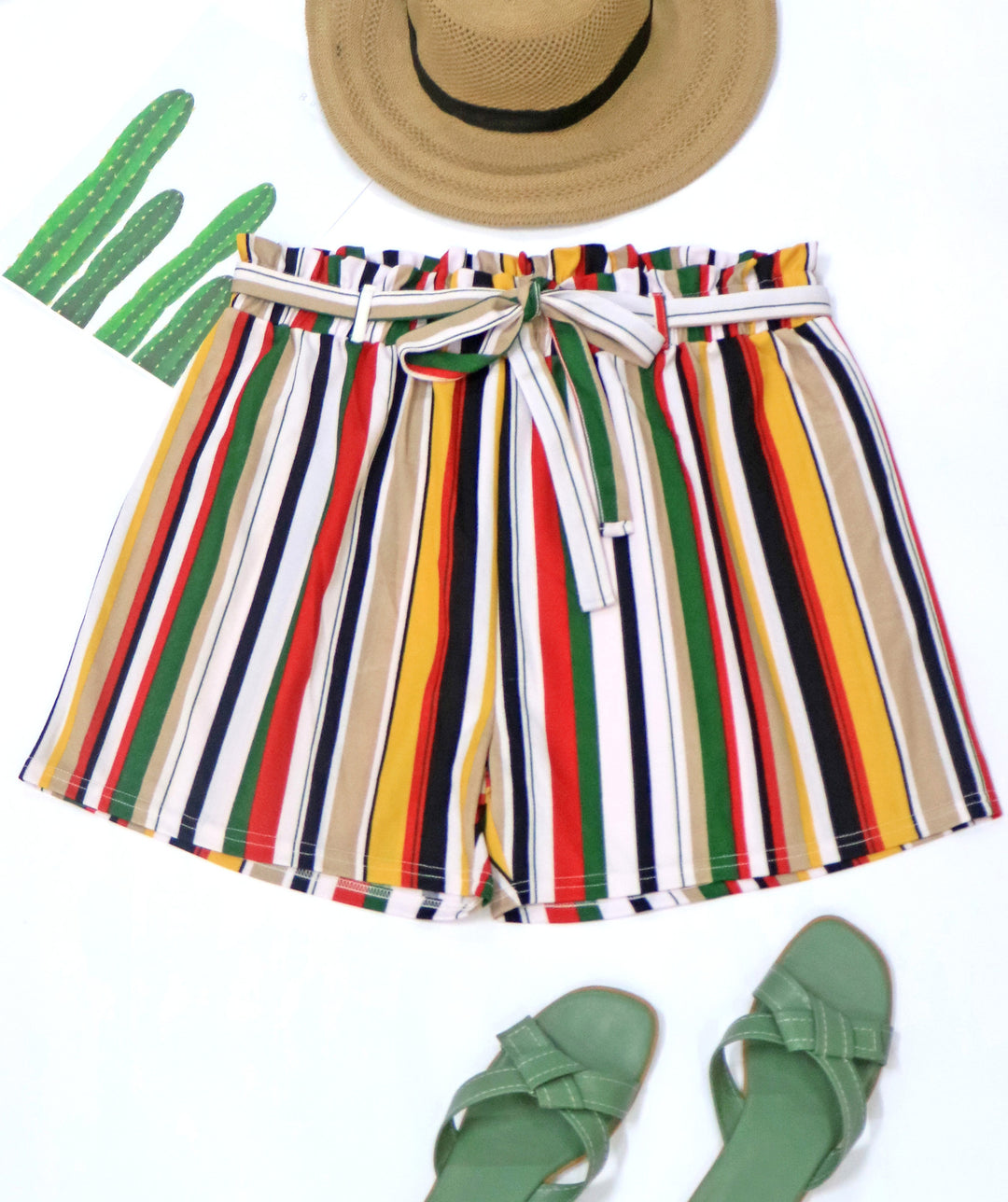 Women's striped summer shorts with elastic waistband and waist tie.