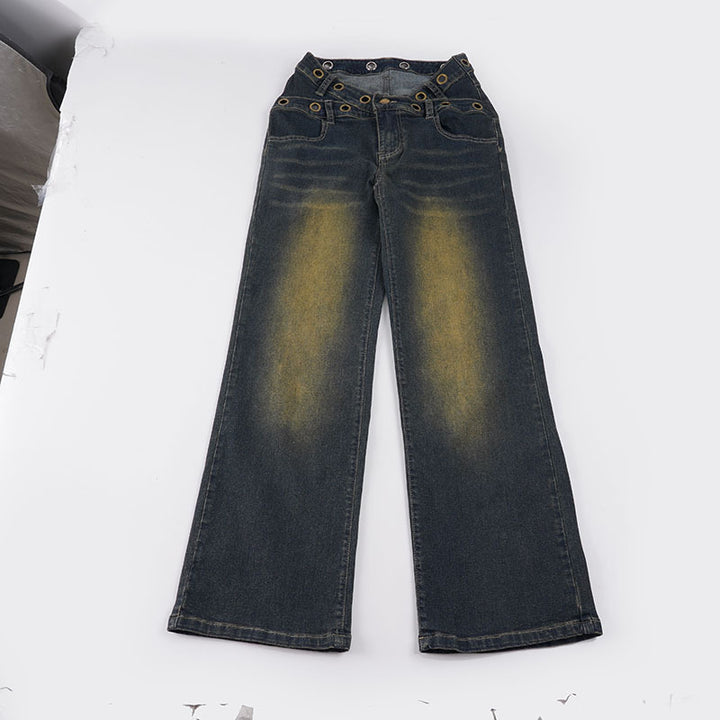 Women High-Waist Flared Jeans with Double Studded Waistband and Used Effect Mune Fashion