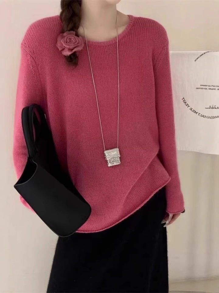 Women Light Oversize Fine Knit Sweater with Round Neck, Subtle Sheer Effect and Rounded Hem Mune Fashion
