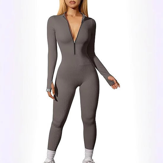 Women's nano figure-hugging rib jumpsuit with high neckline, long sleeves and sculpting seam structure Mune Fashion
