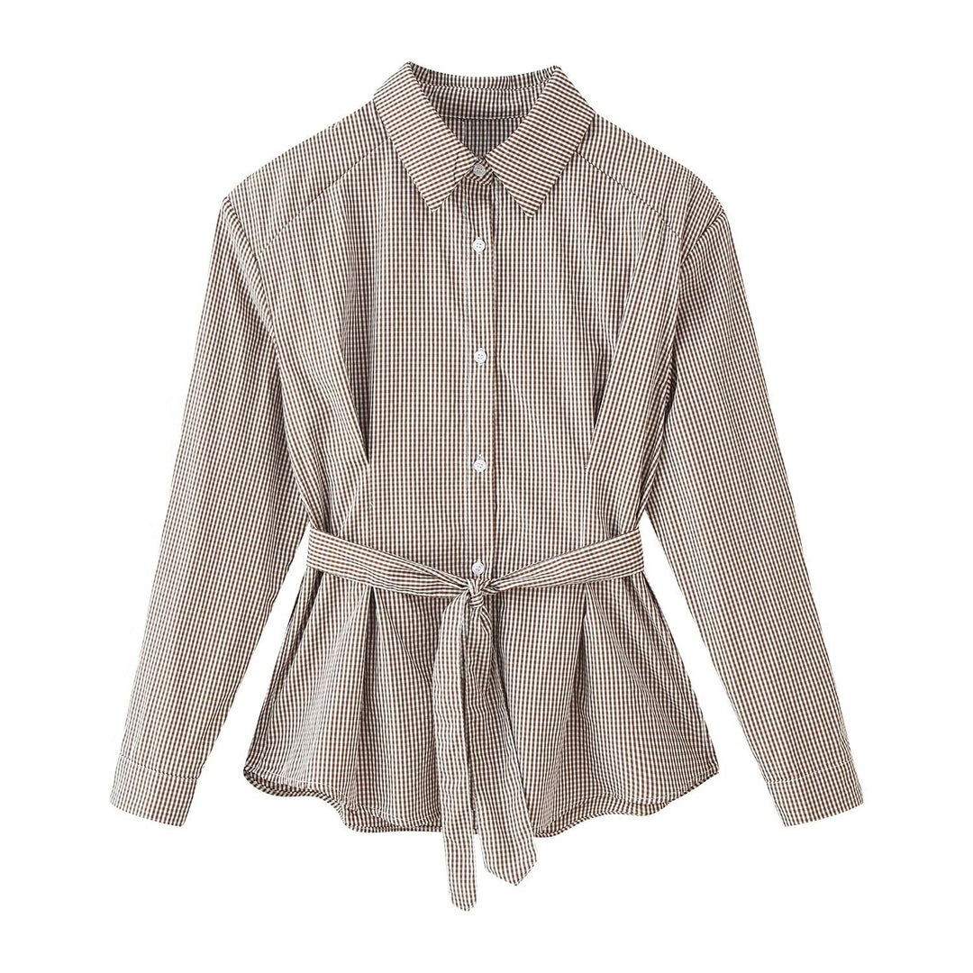 Women Checked Tailored Shirt Blouse with Ties Mune Fashion