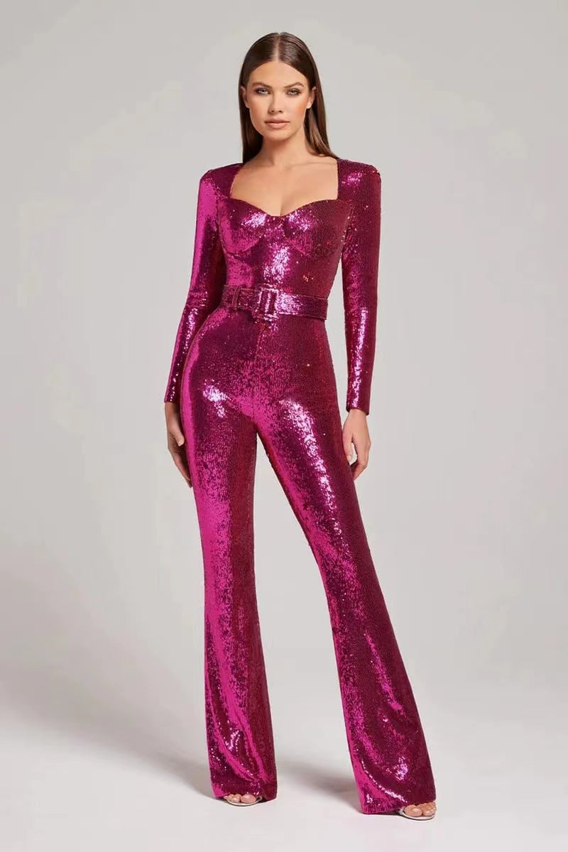 Ladies Glamorous Sequin Jumpsuit with Chic Waistline Mune