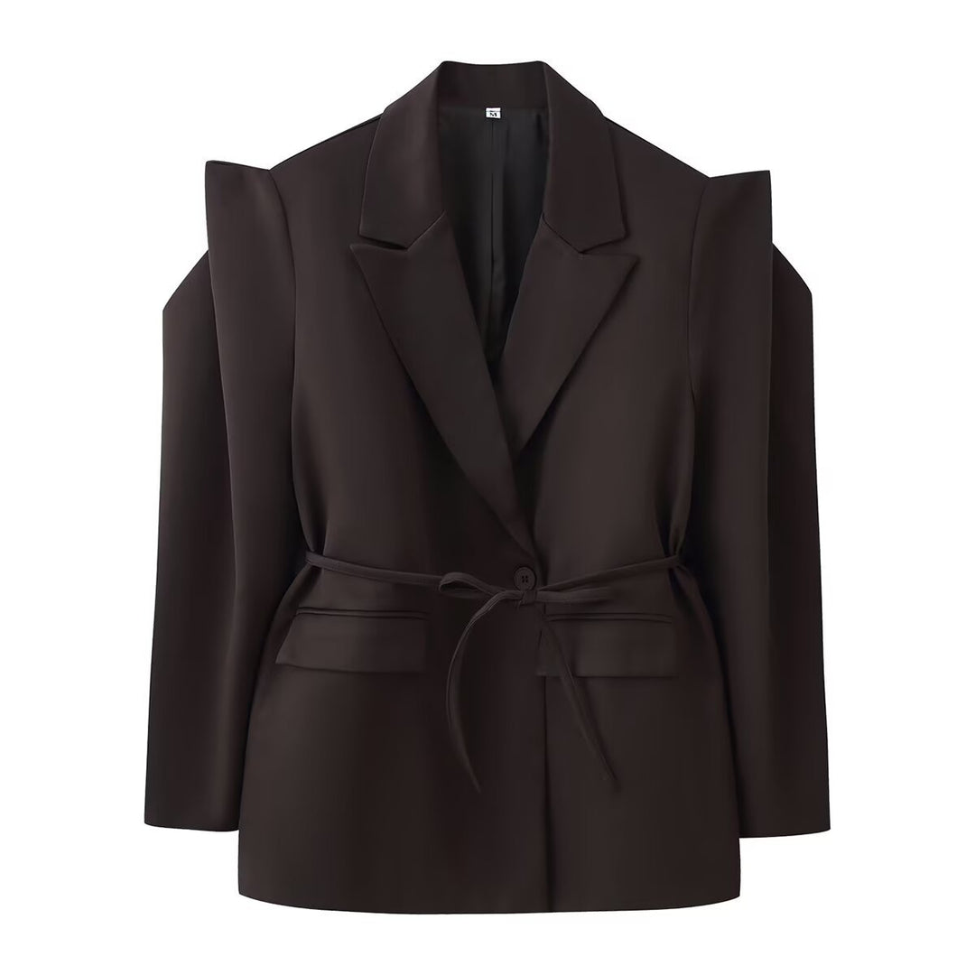 Women's Tailored One-Button Blazer with Tied Belt and Shoulder Cut-Out Mune Fashion