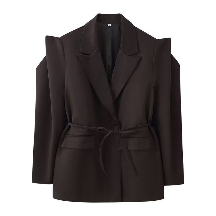 Women's Tailored One-Button Blazer with Tied Belt and Shoulder Cut-Out Mune Fashion