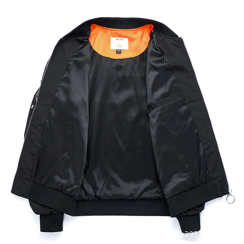 Men's modern nylon bomber jacket in pilot style with utility arm pocket and contrasting interior lining Mune Fashion