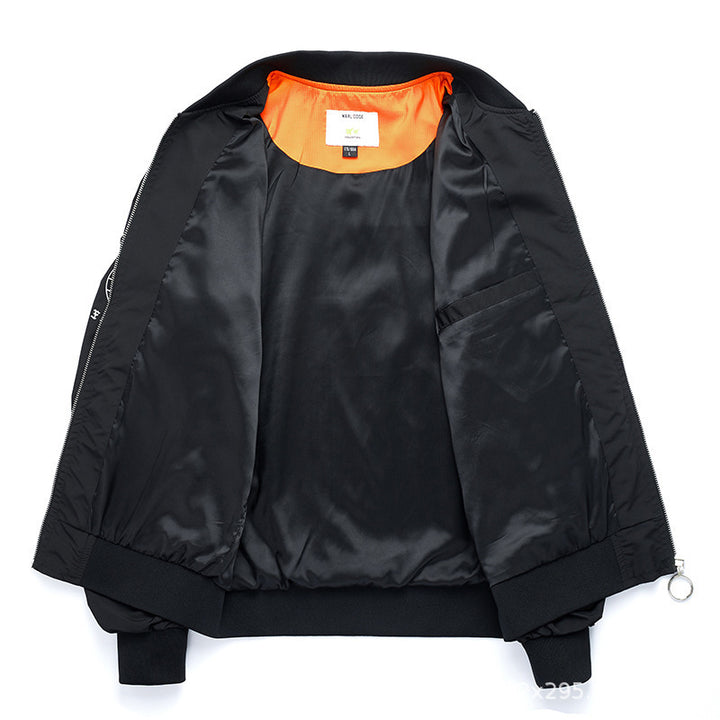 Men's modern nylon bomber jacket in pilot style with utility arm pocket and contrasting interior lining Mune Fashion