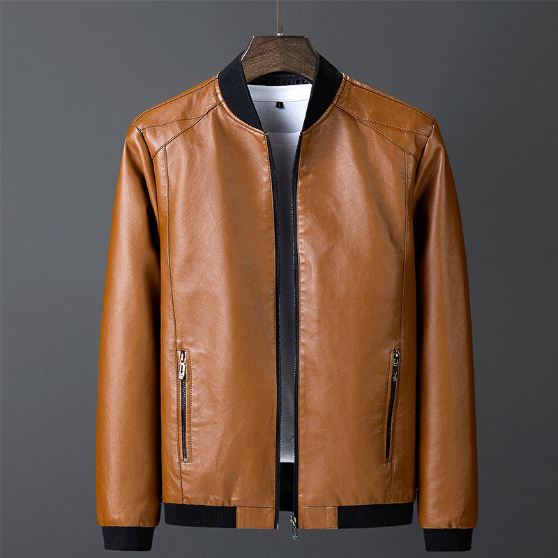 Men's smooth leather look bomber jacket with stand-up collar, zippered pockets, and elastic cuffs Mune Fashion