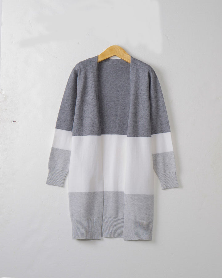 Women's long cardigan with color block design, open front and ribbed cuffs Mune Fashion
