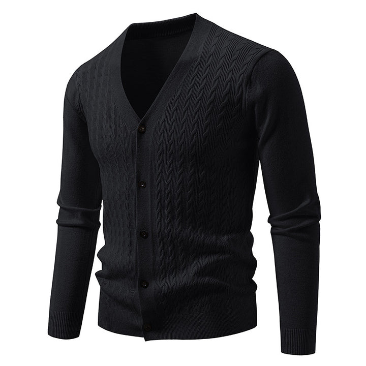 Men's fine knit cardigan with cable pattern, V-neck and button placket Mune Fashion
