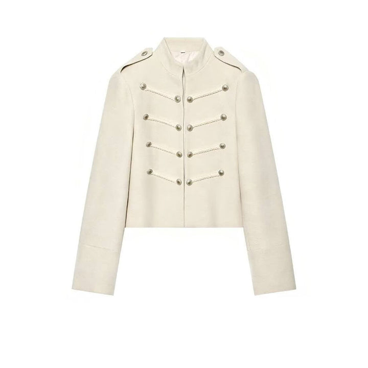 Women's short military jacket with stand-up collar, decorative cords and decorative buttons Mune Fashion