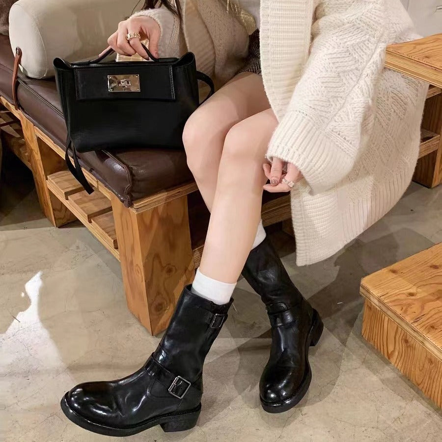 Ladies Calf-high Biker Boots made of Smooth Leather with Double Strap and Back Zipper Mune Fashion
