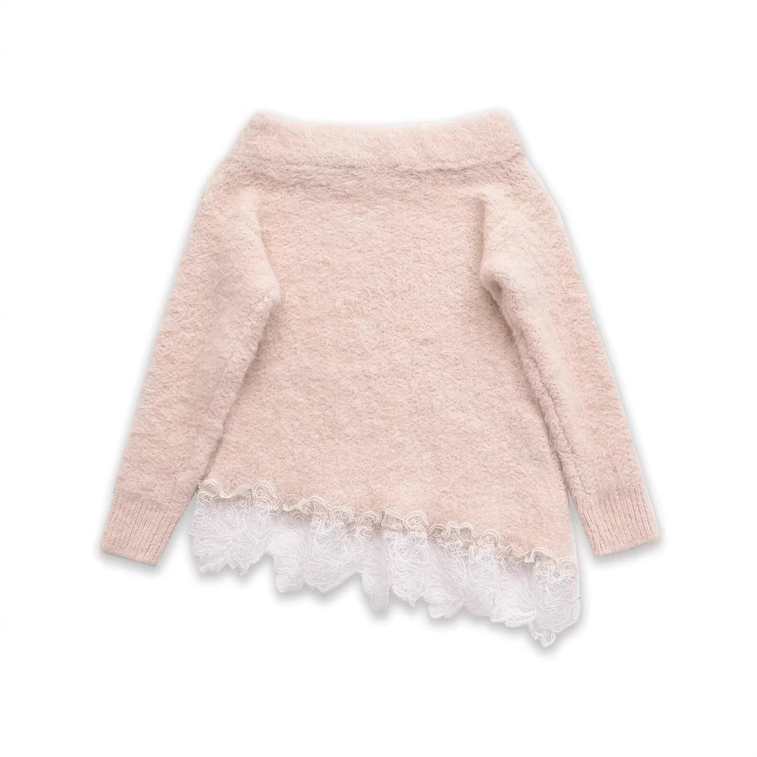 Women's Fuzzy Knit Sweater with Off-the-Shoulder Neckline and Lace Trim Mune Fashion