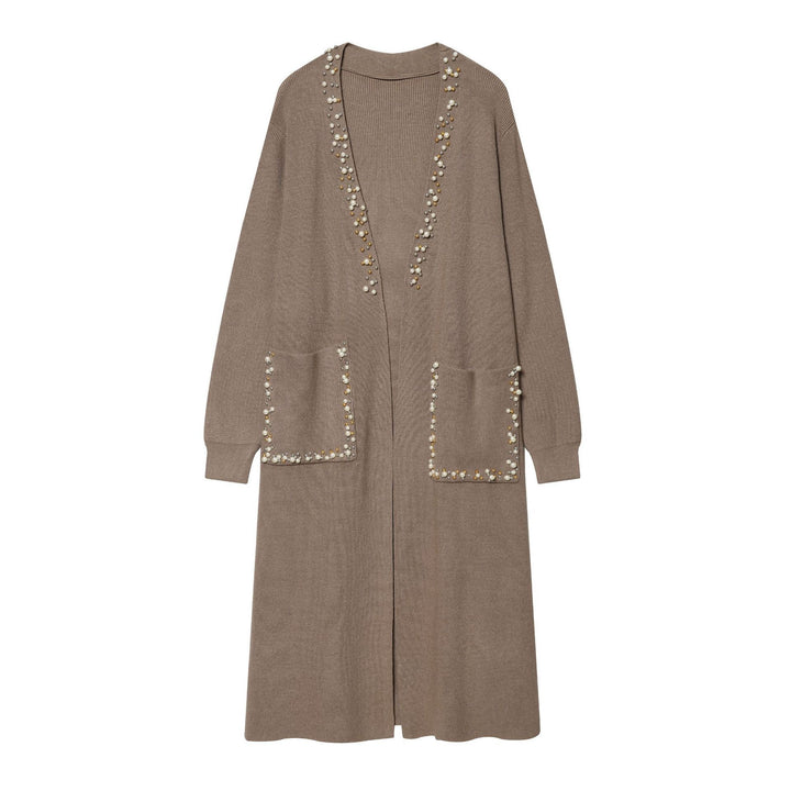Women's long knitted cardigan with pearl trim and patch pockets Mune Fashion