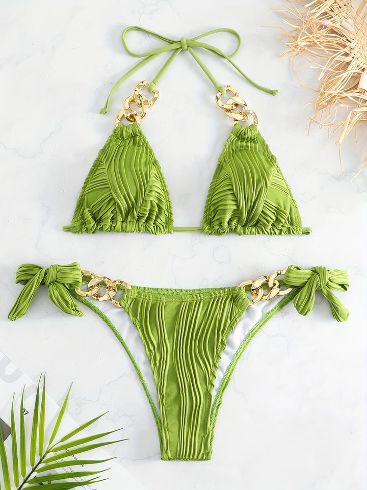 Ladies bikini set with luxurious ruffles and golden chain accents Mune Fashion
