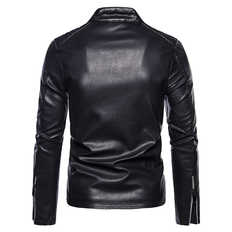 Men's Slim Faux Leather Biker Jacket with Stand-up Collar, Quilted Inserts and Zipper Pockets Mune Fashion