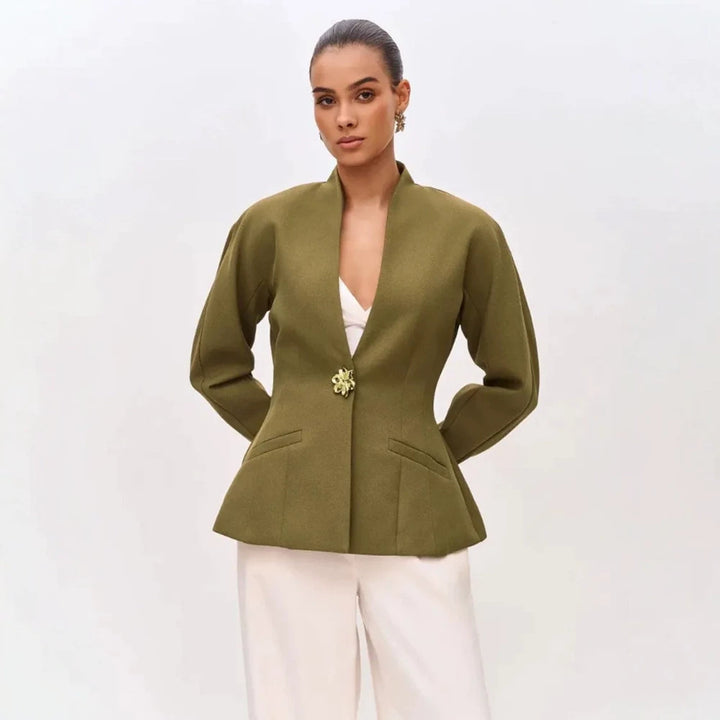 Women's sculptural tailored jacket with peplum, stand-up collar and decorative brooch Mune Fashion
