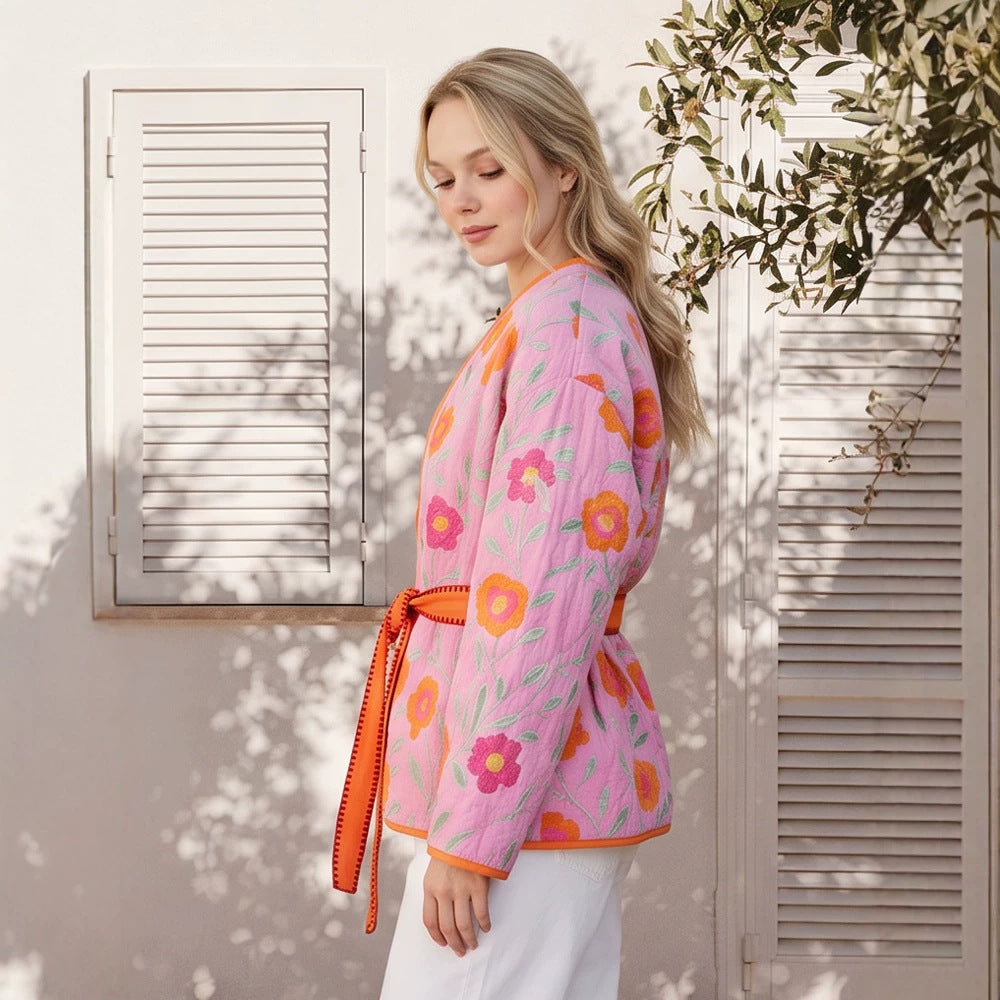 Women's Quilted Floral Kimono with Tie Belt Mune Fashion