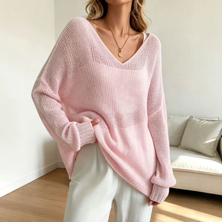 Women's Oversized Knit Sweater with Deep V-Neck and Fine Open Knit Structure Mune Fashion