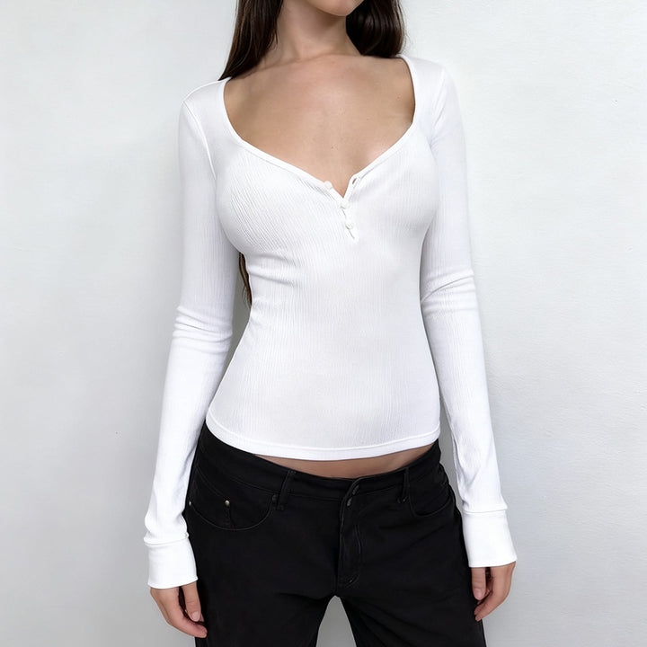Women's form-fitting ribbed long sleeve Henley top with deep V-neck and button placket Mune Fashion