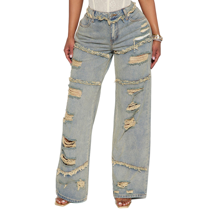 Women High Waisted Oversized Jeans with Wide Leg and Frayed Rips Mune Fashion