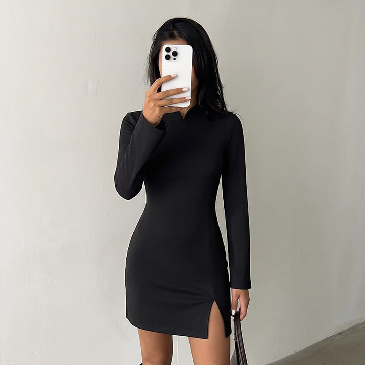 Women Elegant Dress with Stand Collar and Long Sleeve Mune Fashion