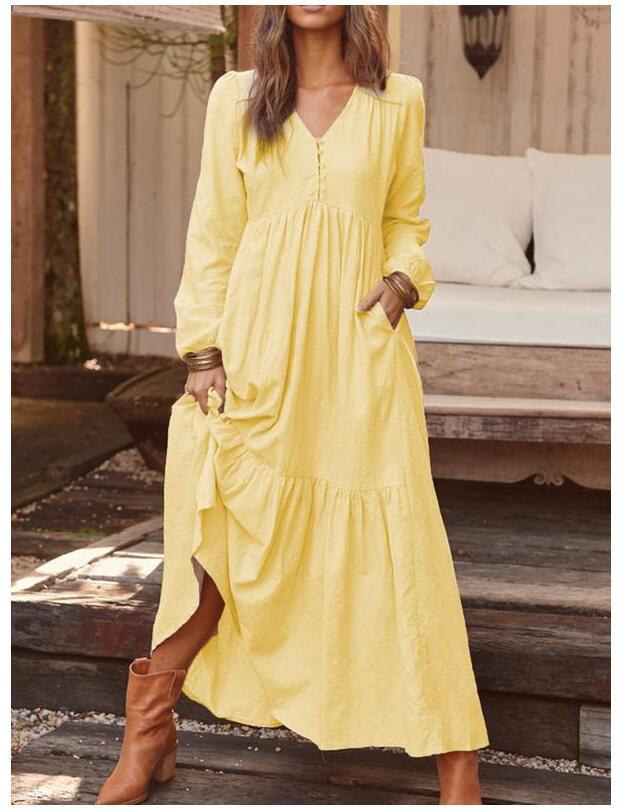 Women's airy maxi dress with V-neck, long sleeves, and inseam pockets Mune Fashion