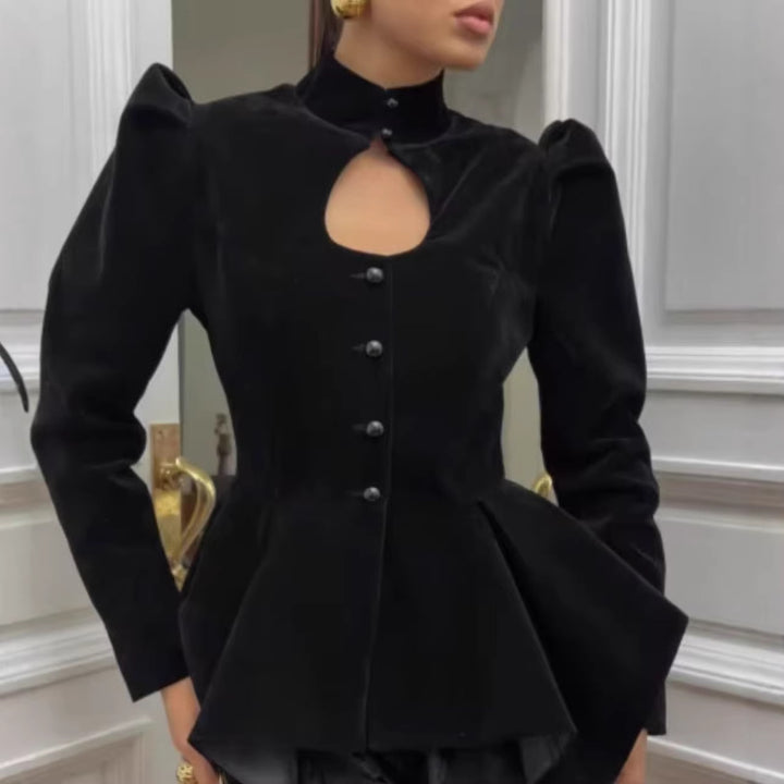 Women's 100+ tailored satin blouse with stand collar, puff sleeves, and peplum Mune Fashion