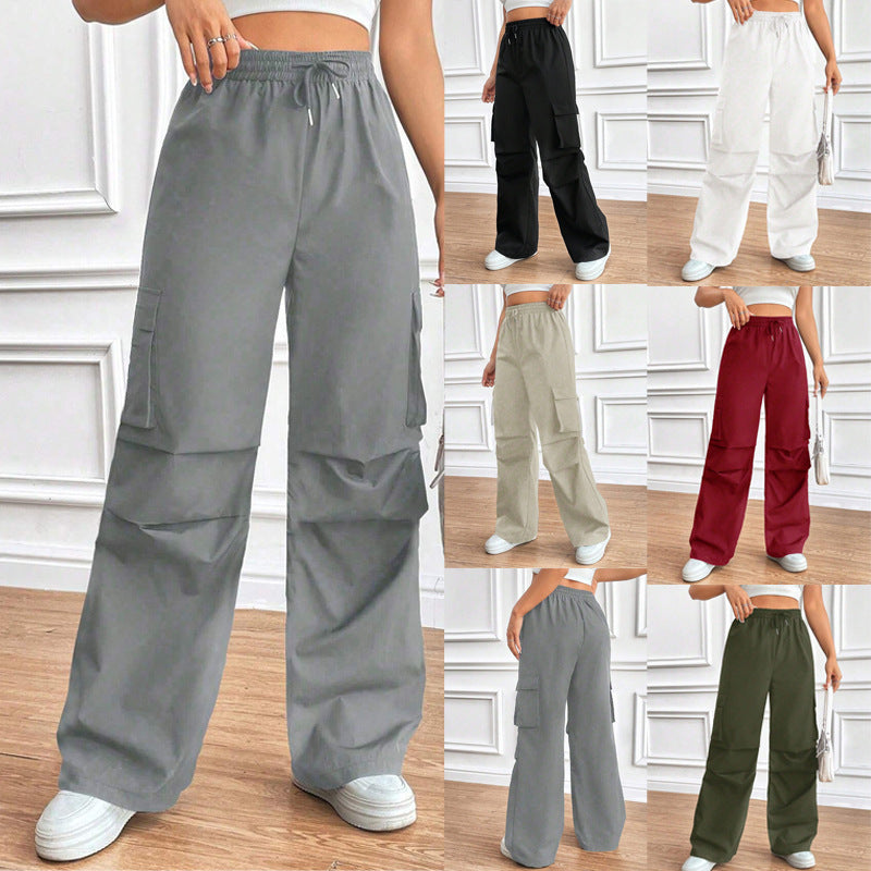 Women's Wide High-Waist Cargo Pants with Elastic Waistband and Large Flap Pockets Mune Fashion