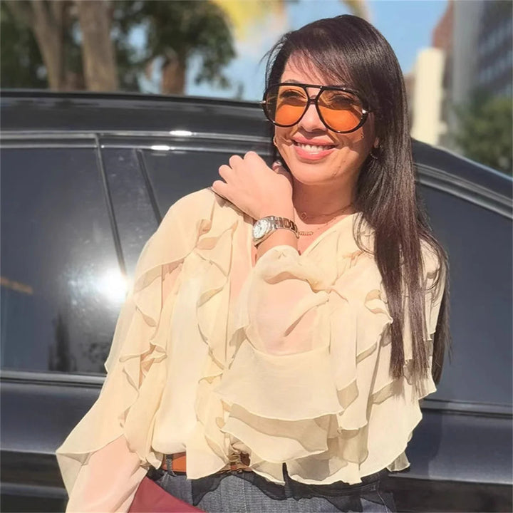 Women's feminine chiffon ruffle blouse with balloon sleeves and V-neck Mune Fashion