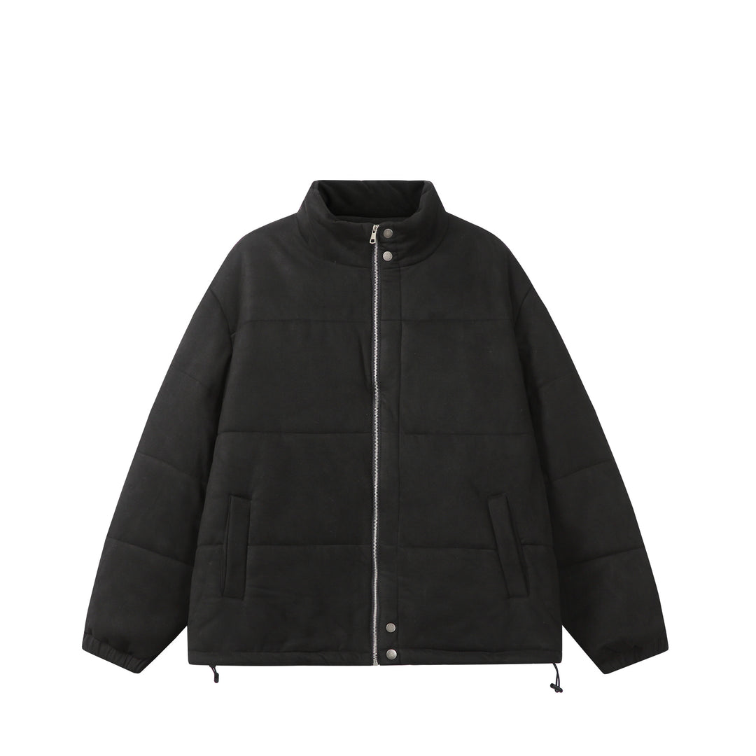 Unisex Boxy quilted jacket in velvet finish with high funnel collar and adjustable hem Mune Fashion