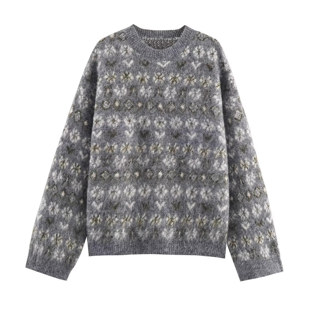 Women Oversize Jacquard Sweater made of soft Mohair mix with round neck Mune Fashion