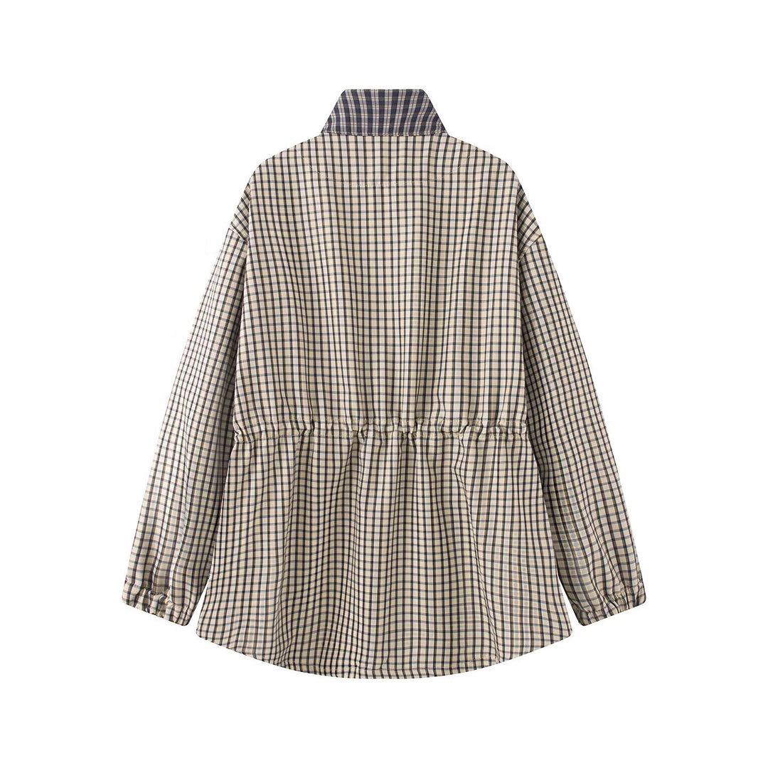 Women Lightweight Checked Parka Jacket with Drawstring Waist and Stand-Up Collar Mune Fashion