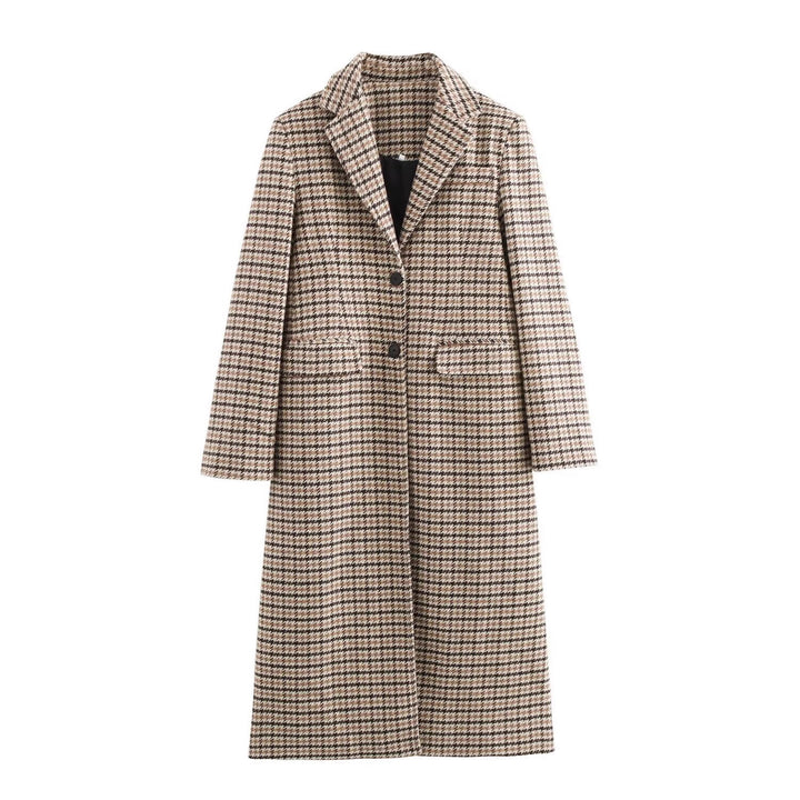 Women Long Houndstooth Coat with Lapel Collar, Two-Button Closure and Flap Pockets Mune Fashion