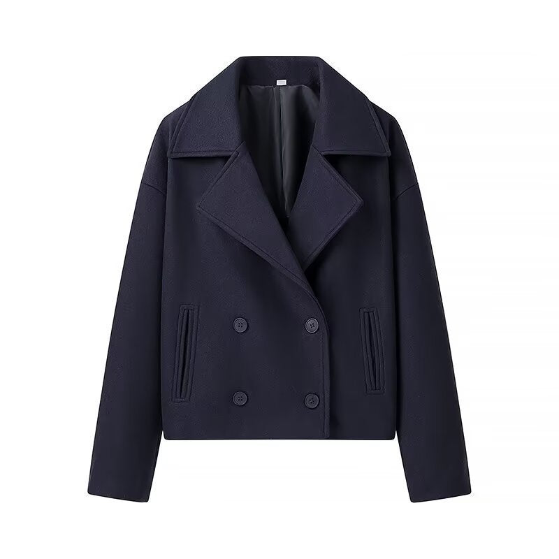 Women's Short Boxy Wool Blend Peacoat with Double-Breasted Button Placket and Patch Pockets Mune Fashion