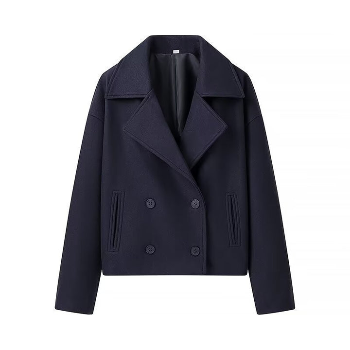 Women's Short Boxy Wool Blend Peacoat with Double-Breasted Button Placket and Patch Pockets Mune Fashion