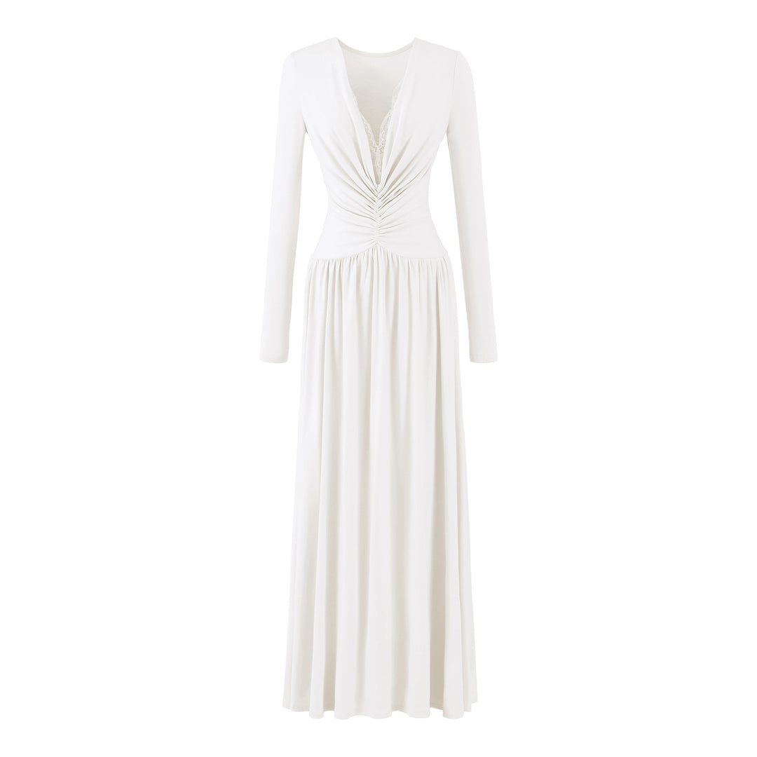 Women Maxi Dress with Ruched Wrap Top, Deep V-Neck and Lace Trim Mune Fashion