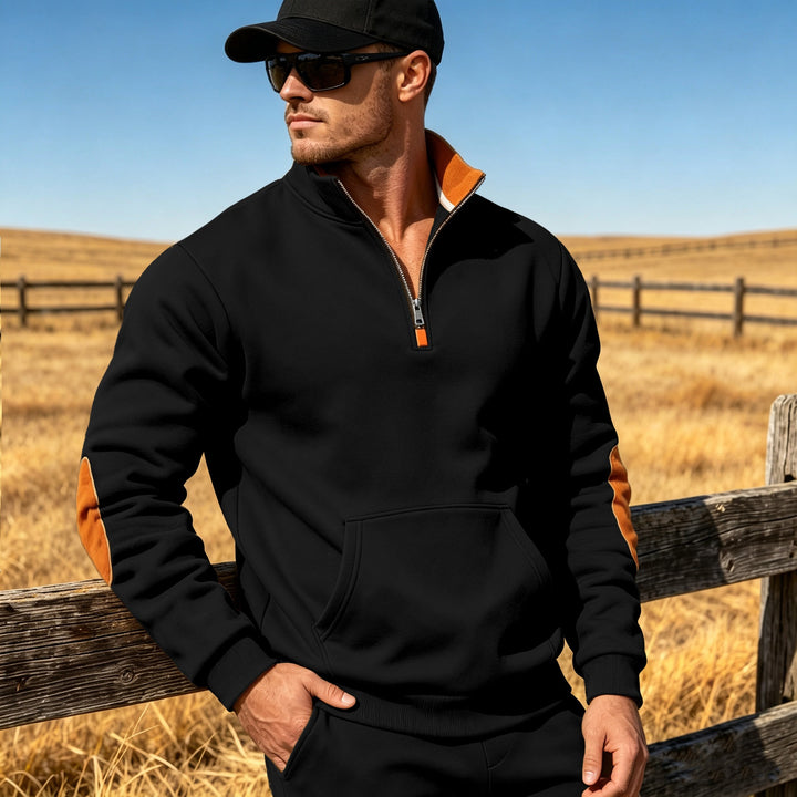 Men's Athletic Half-Zip Sweatshirt with Elbow Patches and Kangaroo Pocket Mune Fashion