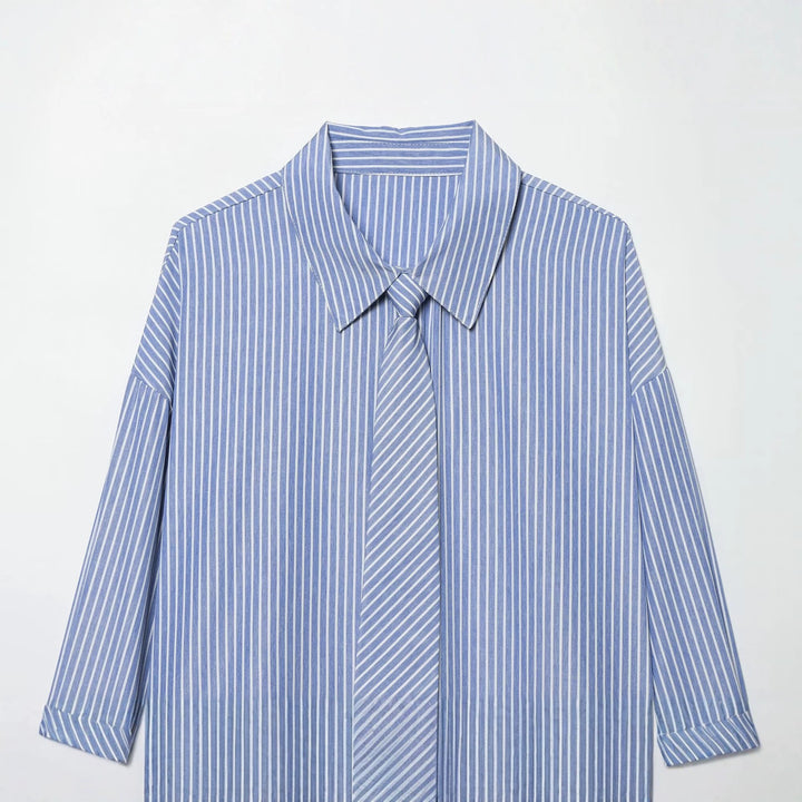 Women's Oversized Shirt Blouse with Integrated Tie and Fine Pinstripe Mune Fashion