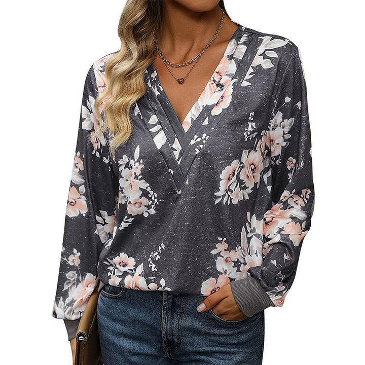 Women Flower Pattern Sweater with V-Neck Mune Fashion