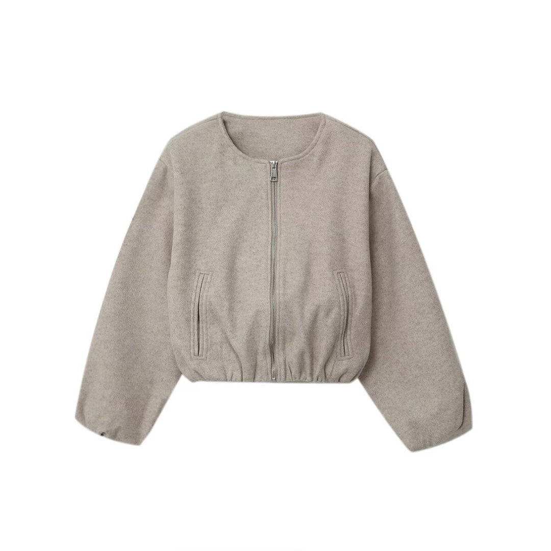 Women Short Bomber Jacket with Round Neck, Zipper and Elastic Hem Mune Fashion