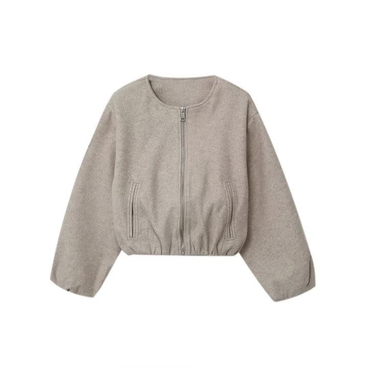 Women Short Bomber Jacket with Round Neck, Zipper and Elastic Hem Mune Fashion