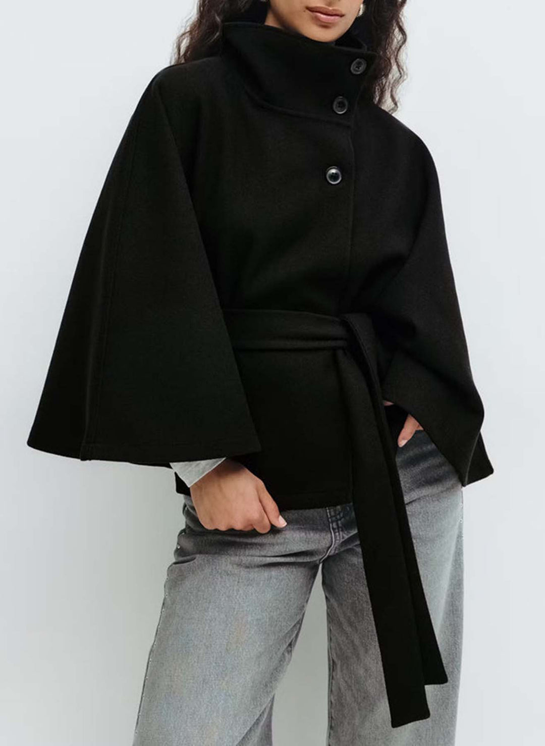 Women's Short Cape Coat with Stand-Up Collar, Oversized Sleeves and Tie Belt Mune Fashion