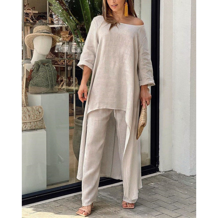 Women Lightweight Linen Two-Piece with Asymmetrical High-Low Tunic and Wide Palazzo Pants Mune Fashion