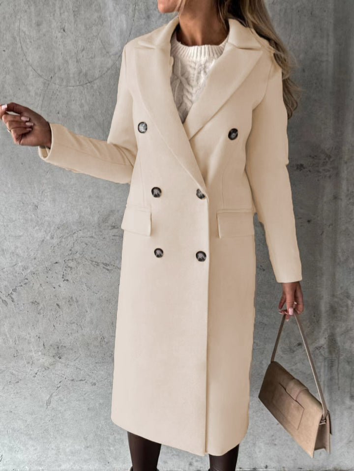 Women's classic long double-breasted coat with collar and flap pockets Mune Fashion