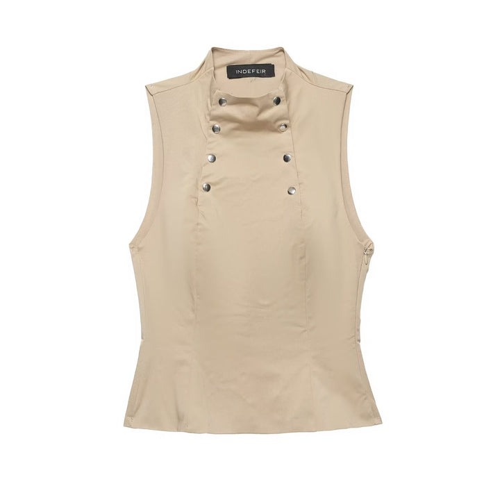Women's sleeveless tailored vest with stand-up collar and double press stud fastening Mune Fashion