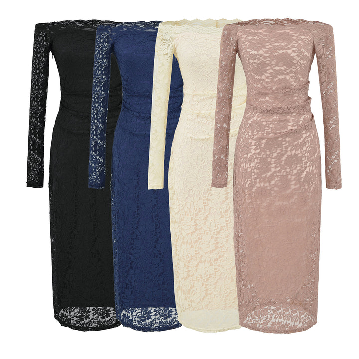 Women's Off-Shoulder Lace Dress with Waist Gather and Long Sleeve