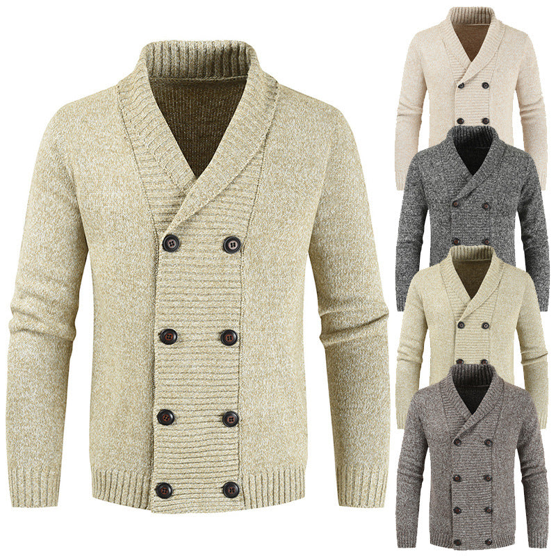Men's double-breasted knitted cardigan with shawl collar, structured stitch look, and ribbed cuffs Mune Fashion