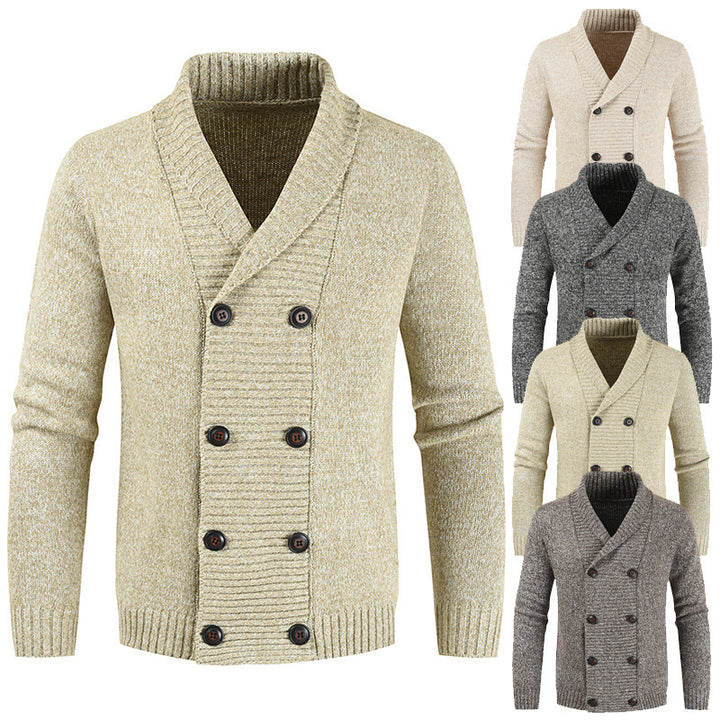 Men's double-breasted knitted cardigan with shawl collar, structured stitch look, and ribbed cuffs Mune Fashion