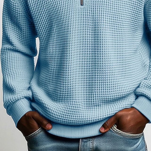 Men's structured waffle knit pullover with polo collar and short zipper Mune Fashion